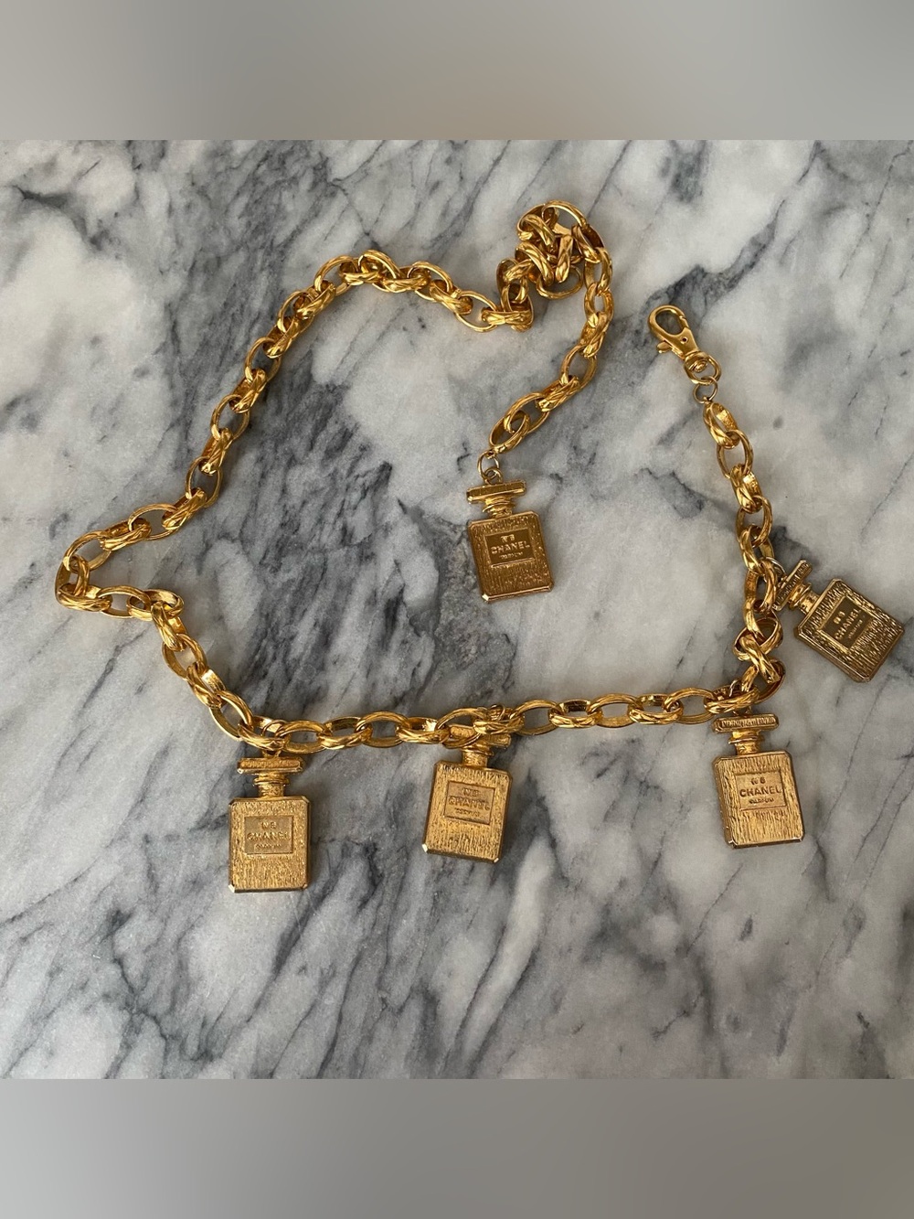Womens Authentic Gold Tone Chanel Parfum Bottle Chain Belt